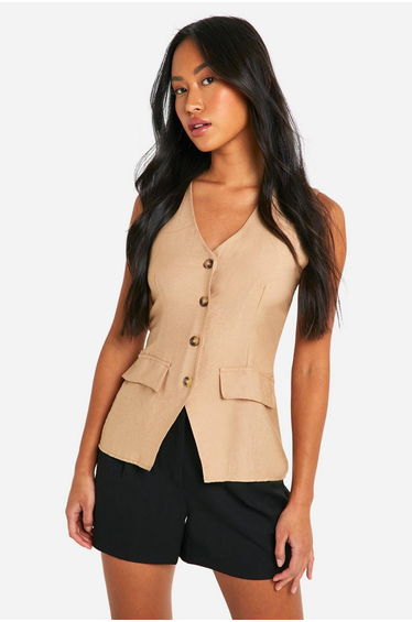 Linen Look Longline Waistcoat - taupe