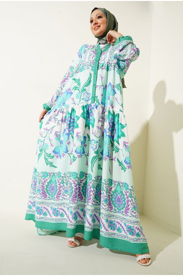 Green A-Line Midaxi Dress with Long Sleeves