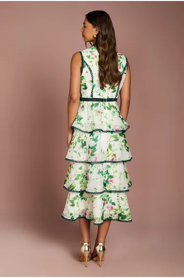 Lace Trim Tiered Printed Organza Midi Dress