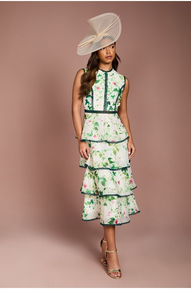 Lace Trim Tiered Printed Organza Midi Dress