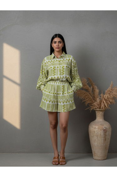 Green Geometric Print Shirt and Shorts Co-ord Set