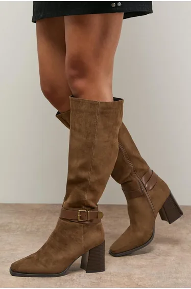 Tabitha Faux Suede Buckle Detail Square Toe High Block Heel Boot