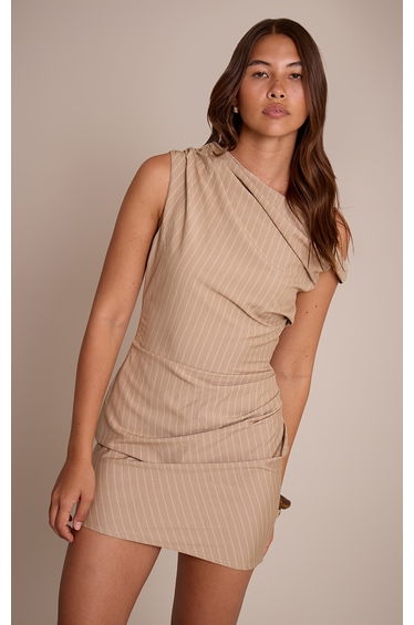 Taupe Pinstripe Asymmetric Bodycon Dress
