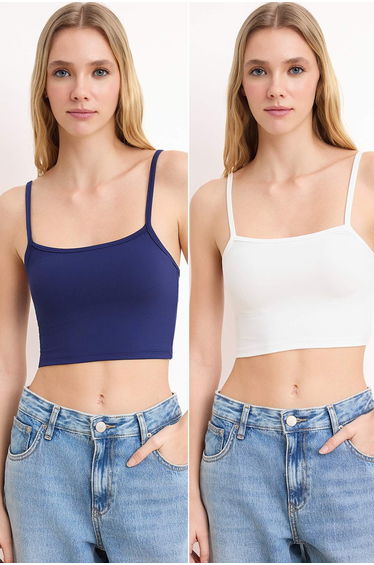 Navy Blue-Ecru 2-Pack Polyamide Content Strappy Crop Fitted Stretchy Knitted Tank Top
