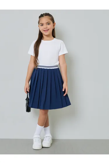 Girls Navy Blue Pleated Skirt with Striped Waistband