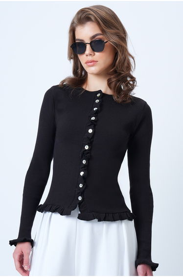 Women's painful brown bicycle neck ruffle detailed buttoned front knitted blouse