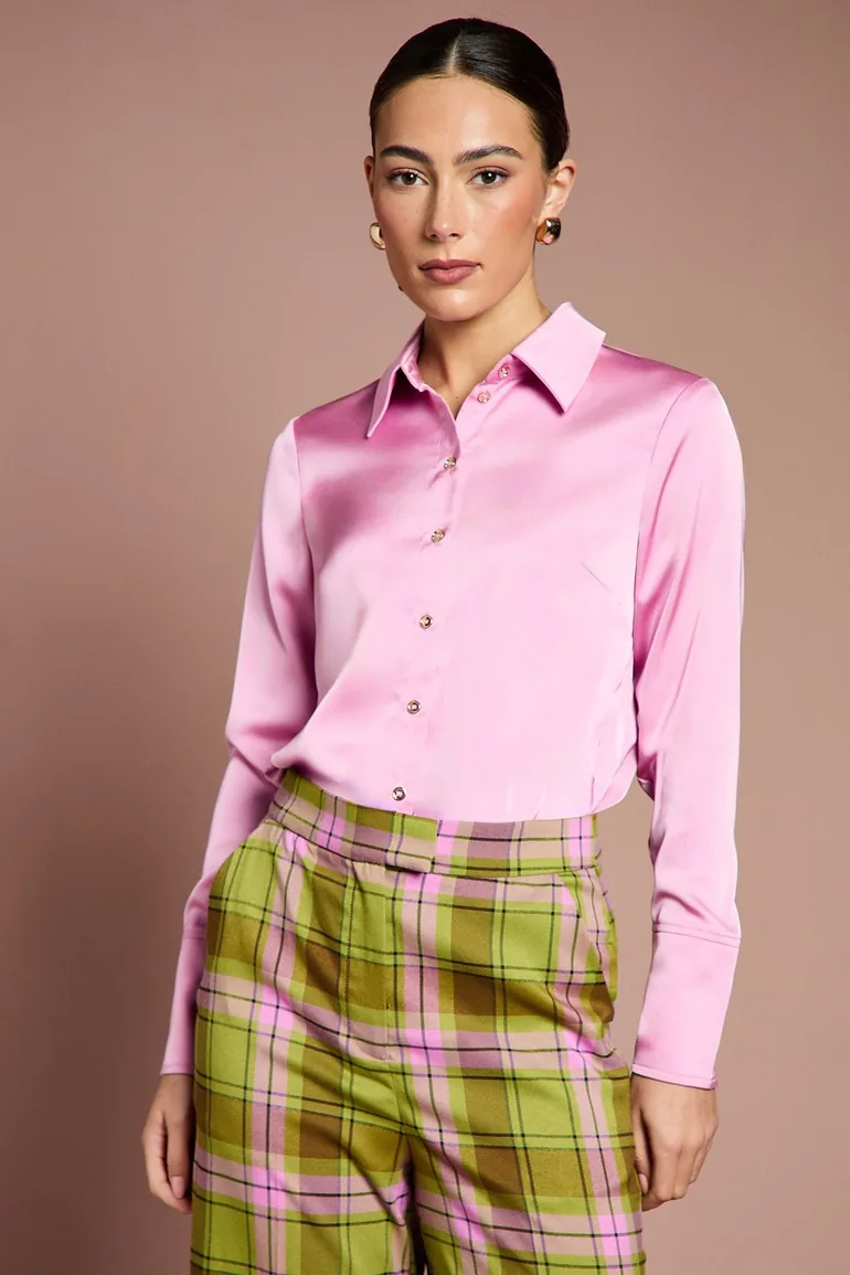 قميص كوست فاشن ستان زهري بأكمام طويلة - 1