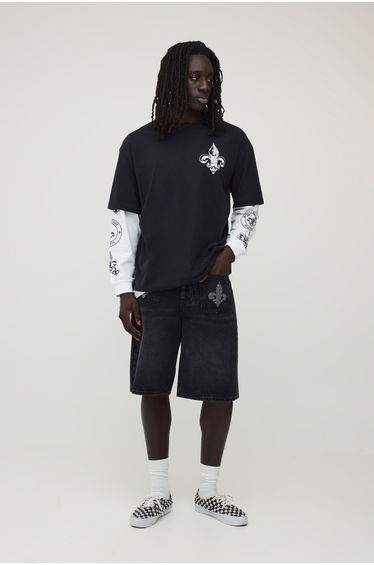 Fleur De Lis Rhinestone Jorts - washed black