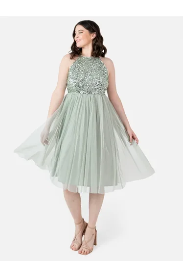 Maya Green Lily Embellished Halter Neck Midi Dress