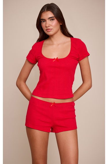 Red Pointelle Short Sleeve Pyjama Top