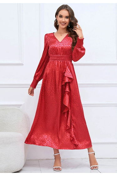 Glossy Leopard Jacquard Ruffle Dress in Red