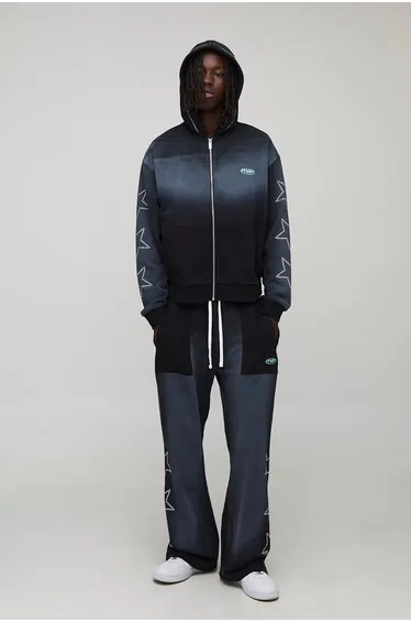 Oversized Boxy Man Studded Wash Zip Through Hooded Tracksuit - black