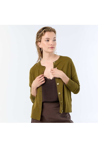 Plain Knit Cardigan with Round Neck GREEN