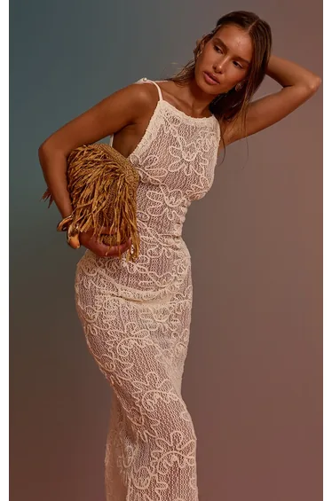 Cream Flower Applique Strappy Beach Maxi Dress