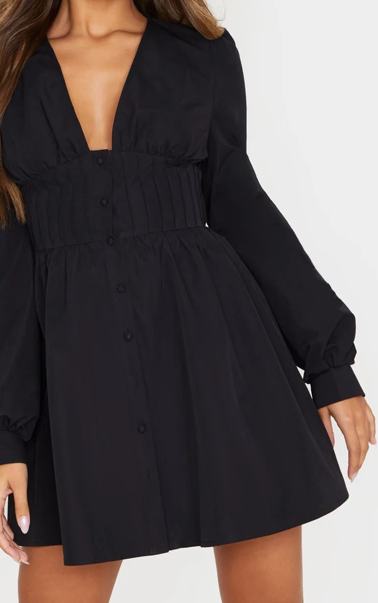 Black Button Front Fitted Puff Sleeve Skater Dress - 4