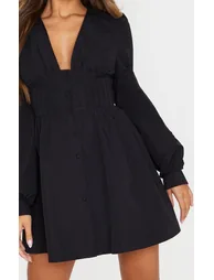 Black Button Front Fitted Puff Sleeve Skater Dress - 4