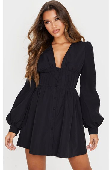 Black Button Front Fitted Puff Sleeve Skater Dress
