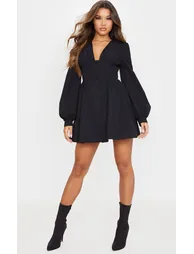 Black Button Front Fitted Puff Sleeve Skater Dress - 3
