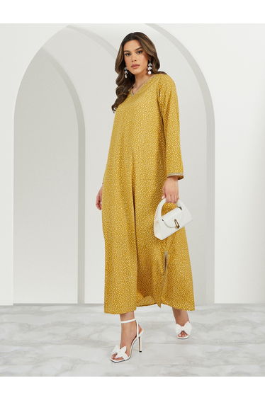 All-Over Polka Dot Print V Neck Jalabiya with Lace Trims