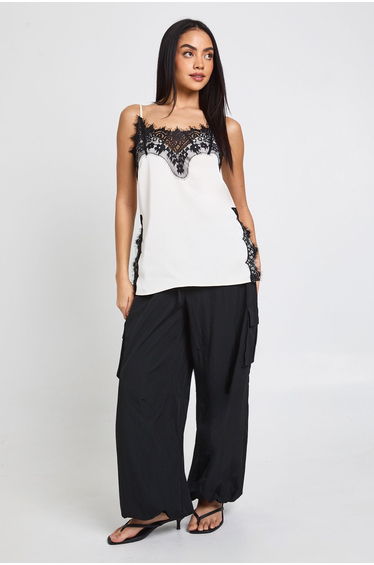 Lace Side Split Satin Cami Top - ivory