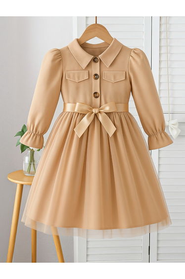 Solid Button Front Bow Detail Mesh Dress