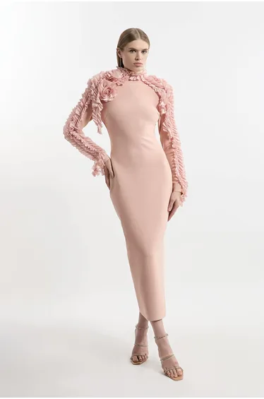 Petite Figure Form Bandage Knit Rosette Detail Midi Dress