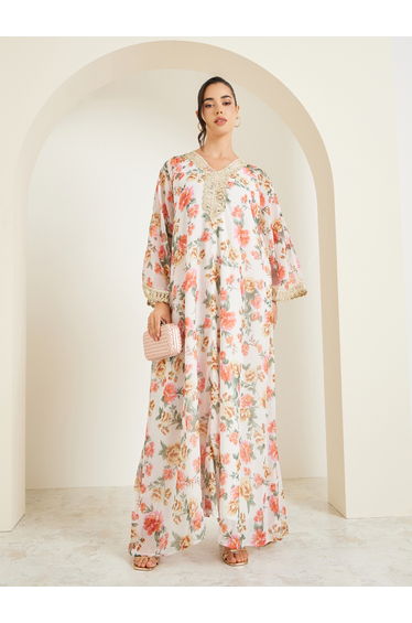 Floral Print Lace Trim V-Neck Flared Jalabiya