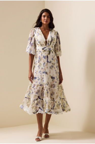 Adèle Belted Printed Chiffon Midi Dress