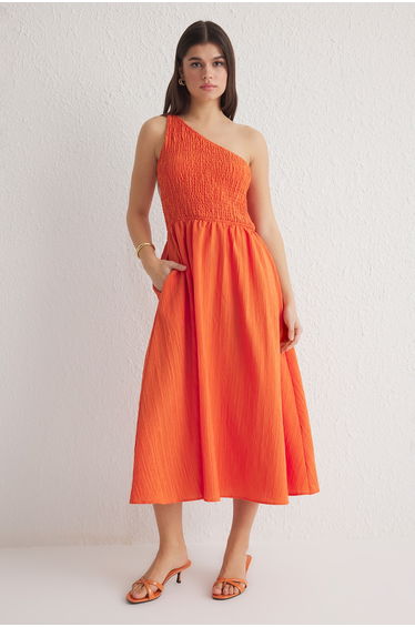 Orange Plain Midi Woven Dress