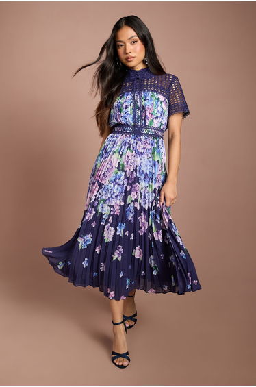 Petite Lisa Tan Lace Pleated Printed Midi Dress