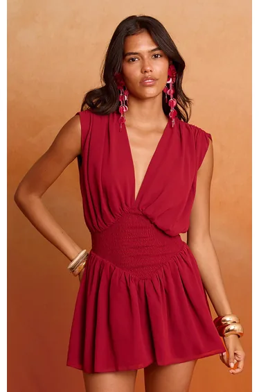 Deep Red Chiffon Shirred Mini Dress