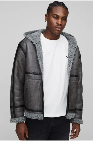 Regular Fit PU Seam Hooded Aviator Jacket - grey