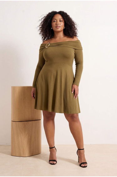 Oil Green Carmen Collar Accessory Detailed Knitted Plus Size Dress
