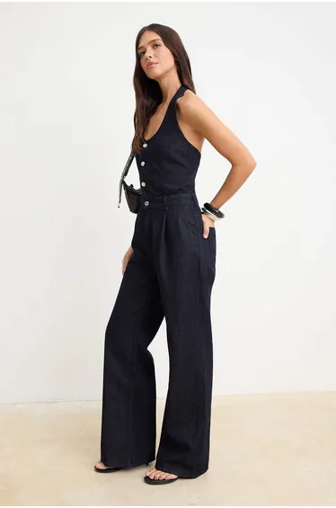 Navy Blue Halter Neck Wide Leg Denim Jumpsuit