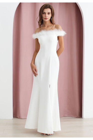 Feather Trim Neckline Slit Gown in White
