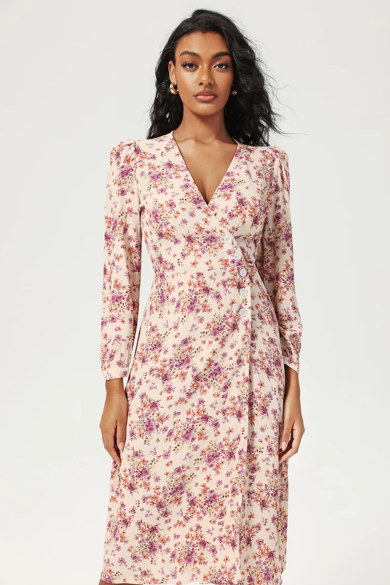 Marie-Nolle Floral V-Neck Midi Dress Purple JardinVue Multicolour :  Premium Dresses : VogaCloset Kazakhstan