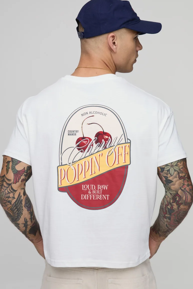 Cherry Print Oversized Cropped T-shirt - white - 1