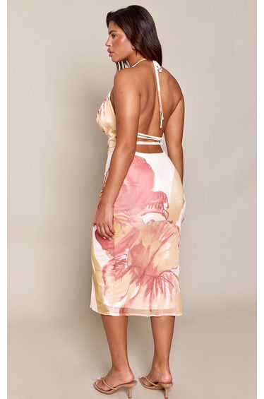 Shape Orange Printed Deep Cowl Bead Trim Detail Midi Dress product thumbnail 3