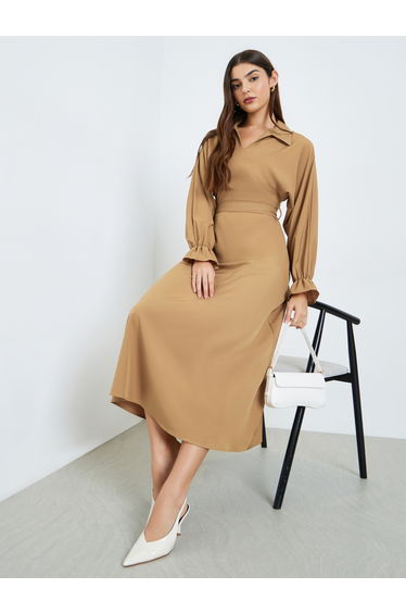 Women Khaki Long Sleeve A-Line Midi Dress
