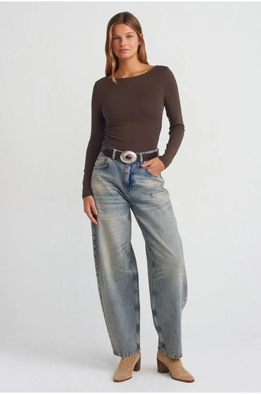 Dilvin Slim Fit Ribbed Boat Neck Blouse