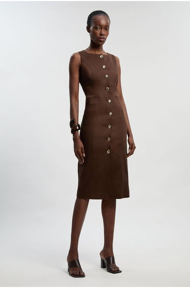 Tailored Linen Statement Button Front Pencil Midi Dress