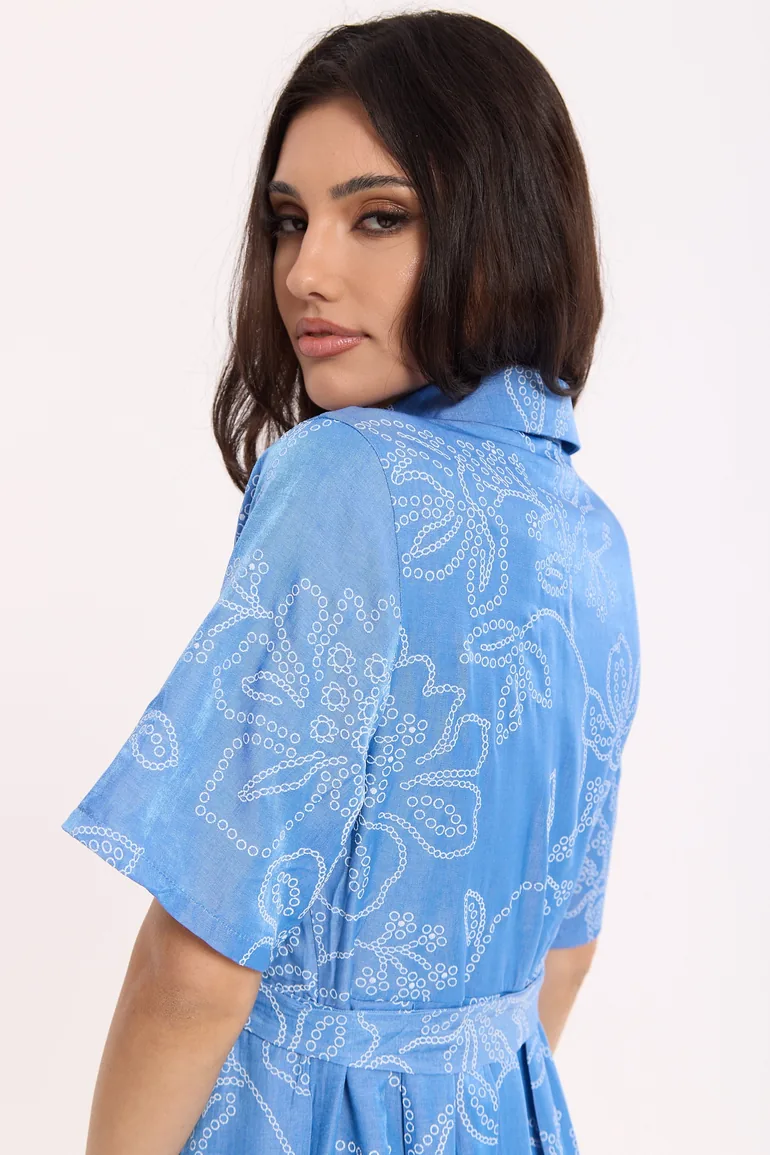 Blue Embroidered Midi Shirt Dress - 5