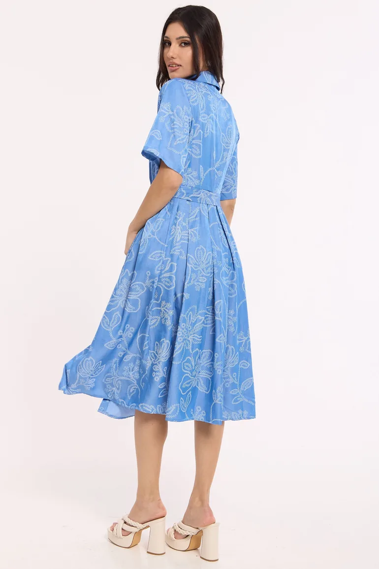 Blue Embroidered Midi Shirt Dress - 4