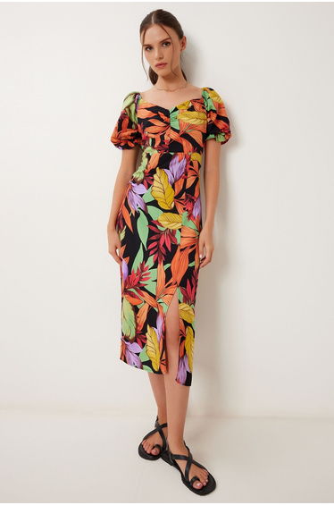 Women's Orange Black Patterned Summer Viscose Dress