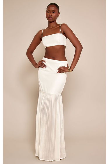 Cream Woven Chiffon Contrast Maxi Skirt