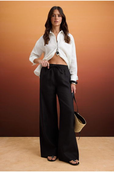 Black 100% Linen Elastic Waist High Waist Trousers
