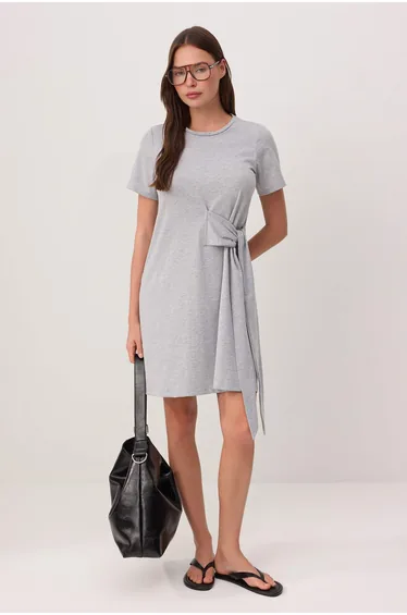 Gray Melange Plain A-Line Crew Neck Short Mini Cotton of Stretchy Knitted Dress