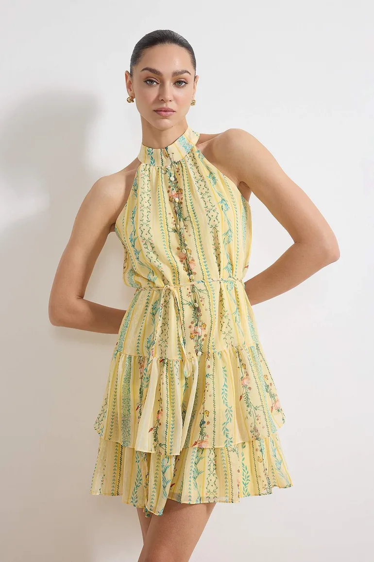 yellow halter skater dress Mina Halterneck Floral Skater Maxi Dress Yellow | Wedding Guest Dress | Halter Neck