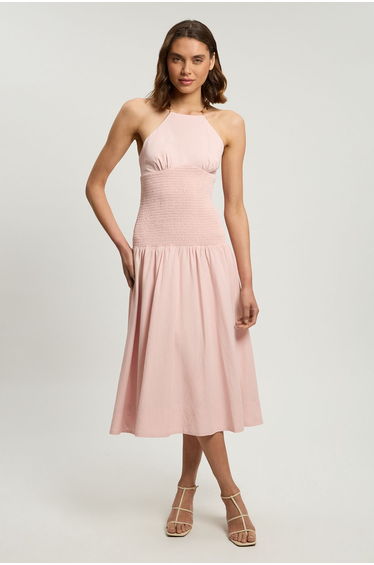 Shirred V Neck Trim Detail Woven Midi Dress