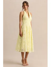 Maribel | Lemon Lace Plunge-Neck Midi Dress - 3